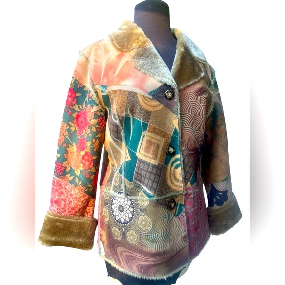 Lapis Penny Lane Coat Artsy Patchwork Print Faux Suede Lined Boho Hippie Retro M - Picture 1 of 10